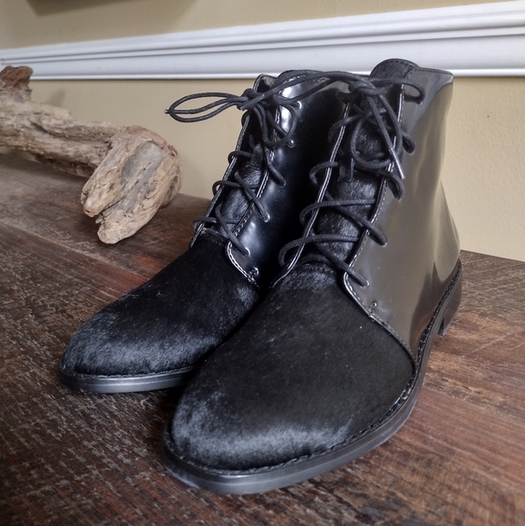 Victoria's Secret Shoes - Victoria's Secret Calf Hair Faux Patent Combat Moto Boots Size 7